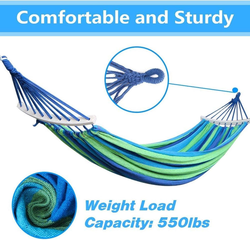 Outdoor katoenen dubbele hangmat met draagtas, voor binnen, balkons, tuinen, reizen, kamperen, strand, 300 kg draagvermogen, 280 x 150 cm
