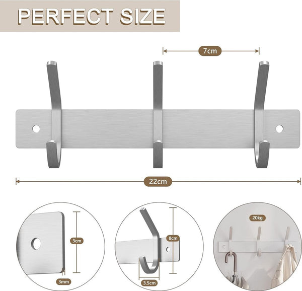 Kledinghaken, 3 haken, garderobelijst, roestvrij staal, geborsteld, voor jassen, jurken, tot 20 kg belastbaar, haaklijst voor hal, voorkamer, 22 cm (zilver, 2 stuks)
