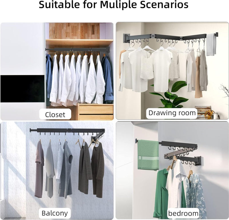 Intrekbare kledingdroger, wandmontage met handdoekenrek, ruimtebesparend opvouwbaar, sterk laadvermogen voor balkon, wasruimte, badkamer, terras en slaapkamer (zwart, 3X)