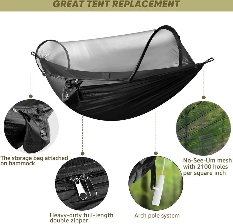 Ultra-Light Reizen Camping Hangmat, klamboe, hangmat, 300 kg draagkracht, ademend, sneldrogend parachute-nylon, 2 premium karabijnhaken, 2 nylon lussen inclusief zwart