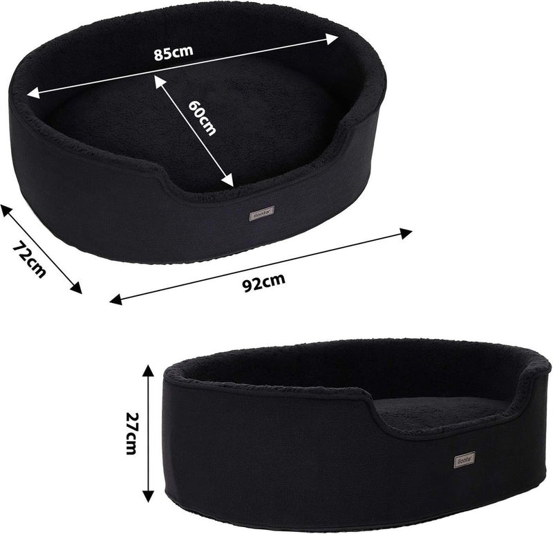 Hondenmand met omkeerbaar kussen en wasbare hoes, maatvaste hondenmand met antislipnoppen, 92x72 cm, gezellig huisdierbed voor honden en katten met pluche, zwart