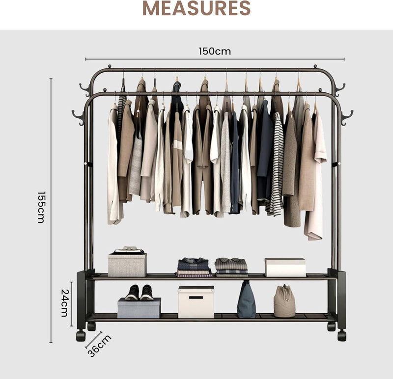 Kledingroede met 2 bovenstangen, 2 onderplanken en 4 kapstokhaken. Dubbele kapstok voor thuis, slaapkamer, woonkamer