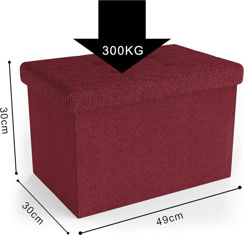Opvouwbare zitbank, 49 x 30 x 30 cm, granaatrood, zitkubus met opbergruimte en deksel van stof met uitsparingen, zitkubus, voetensteun, opbergdoos, kist, zitkruk