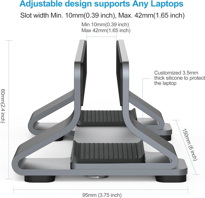 Aluminium verticale laptopstandaardhouder Dock, rechtopstaande opslag, verstelbare sleufbreedte 10 ~ 30 mm, geschikt voor alle MacBook en laptop, 2023-versie