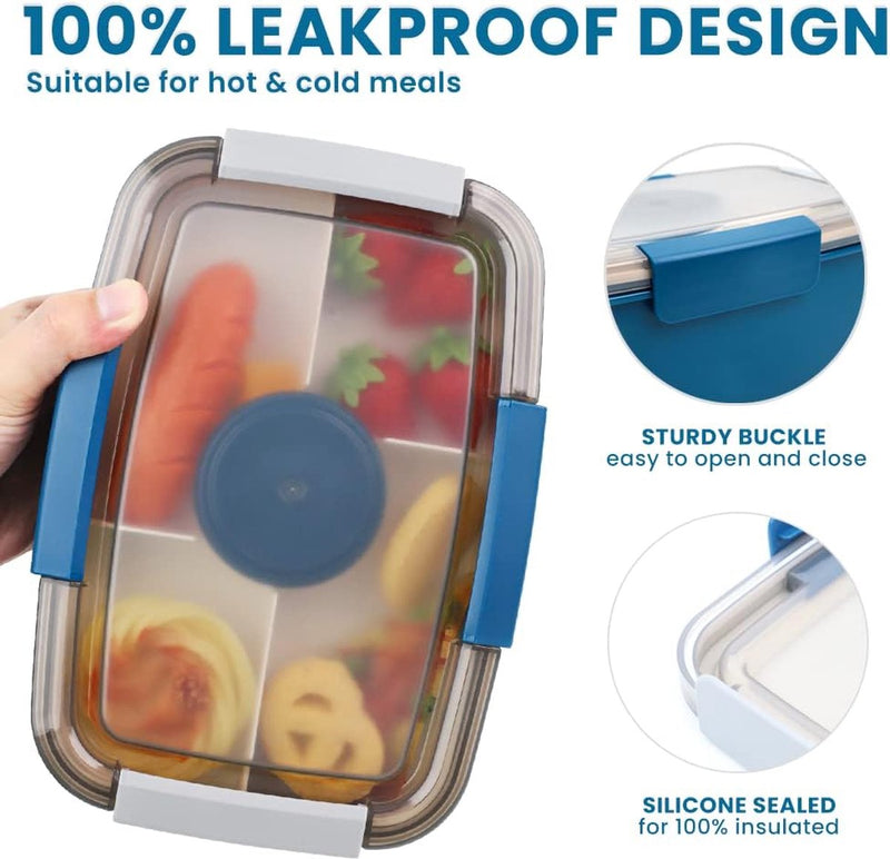 Broodtrommel met vakken, 2000 ml, broodtrommel voor kinderen en volwassenen, slacontainer, slabox, lekvrij, bento box, snackbox met 4 vakken, slakom voor school, kantoor, BPA-vrij