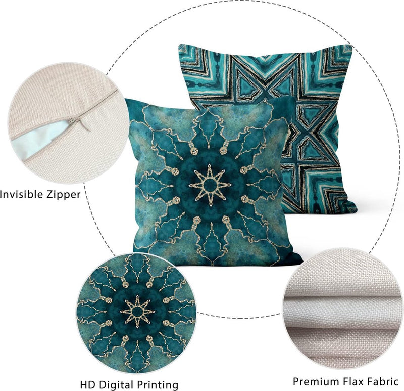 Boho Cushion Cover, 50 x 50 cm, Set of 4, Retro Geometric Pattern, Blue Gold Sofa Decorative Cushion Covers, Washable Polyester Flax Textile, Outdoor Upholstery Pillowcase Cushion Cover