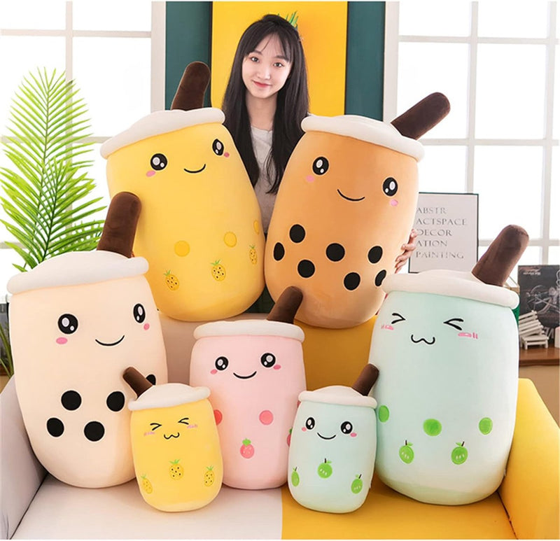 Bubble Tea pluche dier Boba, knuffel, pluche poppen, zacht knuffeldier, theekop, zachte pop, kussen, kinderspeelgoed, blauw, scheel, 35 cm