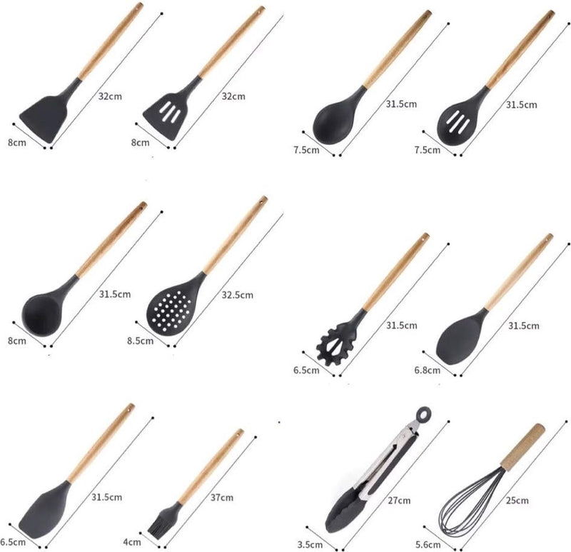 Siliconen keukengereiset, (25-delig) Keukengerei-pannenset, anti-aanbaklaag Hittebestendige siliconen spatelset, keukengerei Stukken veilig met houten handvat (grijs)