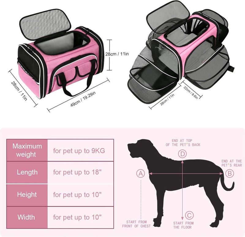 Huisdiertas, huisdierdrager voor katten en kleine honden in de auto, voegtuig of in de trein, roze