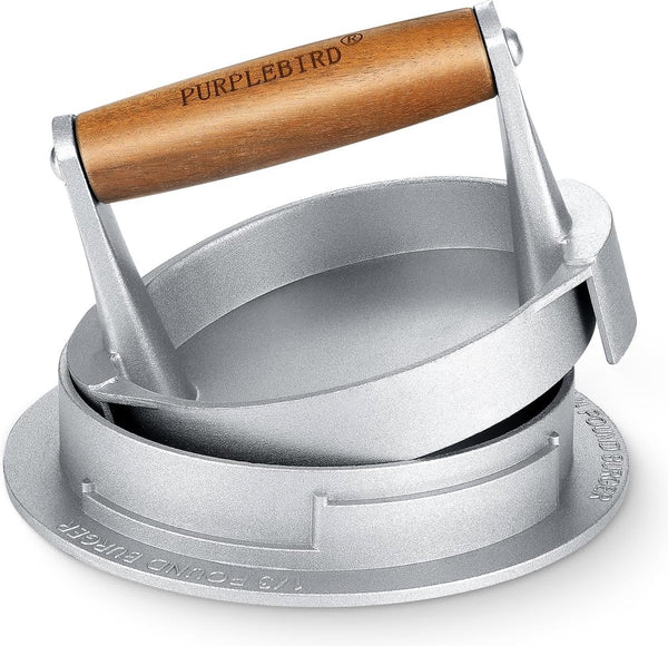 Burgerpers, gegoten aluminium hamburgerpers met antiaanbaklaag, 3 instelbare diktes, professionele hamburgerpers met houten handvat, perfect voor platte grill