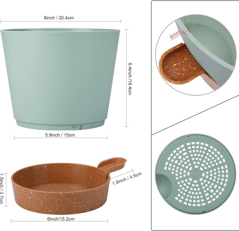 Bloempot, 20,3 cm, kunststof bloempot met irrigatiesysteem, plantenpot, set van 2, modern, voor binnen en balkon, tuin, planten, vetplanten, cactus (groen)