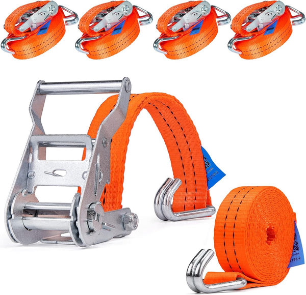 Spanbanden, met ratel, 2-delig, met haken, ratelriem, sjorbanden, oranje, 35 mm 2.000 daN, 2 ton, 4 stuks à 4 meter