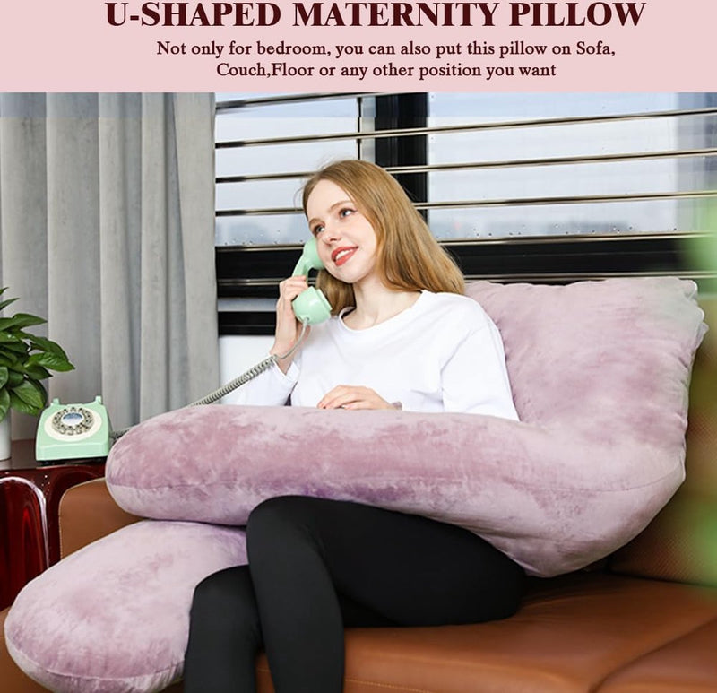 Zwangerschapskussen, U-vorm, zijslaapkussen met hoes, U-kussen, voedingskussen, groot steunkussen, kussen voor vrouwen en zijslapers (paars, fluweel)