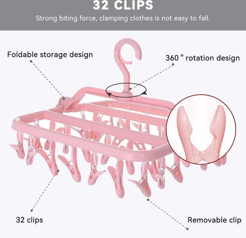 Sokkendroger, wasrek, opvouwbare wasdroger met 32 klemmen, winddichte kleerhanger, ruimtebesparend hangdroger, voor ondergoed, sokken, handdoeken, babykleding