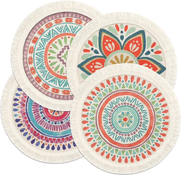Placemats, set van 4, rond, geweven placemats, onderzetters, hittebestendige placemats, antislip, onderzetters voor keuken, eetkamer, bruiloft, boerderij, tafeldecoratie, veelkleurig