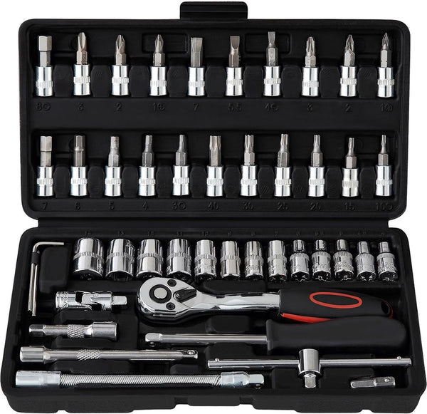 Cr-V 46-delige set platte moersleutelset met ratel en dopsleutel Ratelsleutel 1/4 inch 72 tanden ratelsleutel met gereedschapskist Mechanisch gereedschap verchroomd