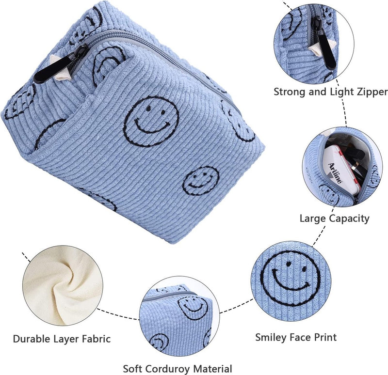 Toilettas voor op reis, corduroy fluwelen cosmeticatas, make-uptas met glimlachgezicht, corduroy smile-print, make-up-organizer, wastas voor reizen, kinderen, meisjes, dames, 2 stuks blauw, mode