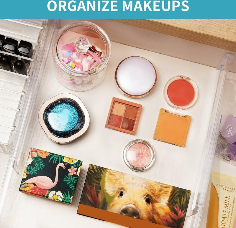 Kunststof ladeverdeler, verstelbaar, set van 8 (30,99 - 55,12 cm), transparante ladeverdeler, lade-organizer voor keukenopslag, slaapkamer, commode, met dubbelzijdig plakband