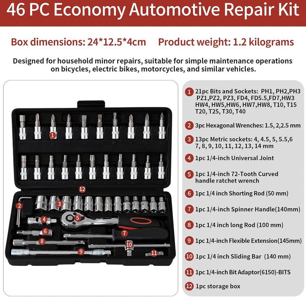 Cr-V 46-delige set platte moersleutelset met ratel en dopsleutel Ratelsleutel 1/4 inch 72 tanden ratelsleutel met gereedschapskist Mechanisch gereedschap verchroomd