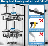 Doucheplank om op te hangen, doucheplank zonder boren met zeepbakje, meerdere haken, douchemand, hangende badkamerorganizer (zwart)