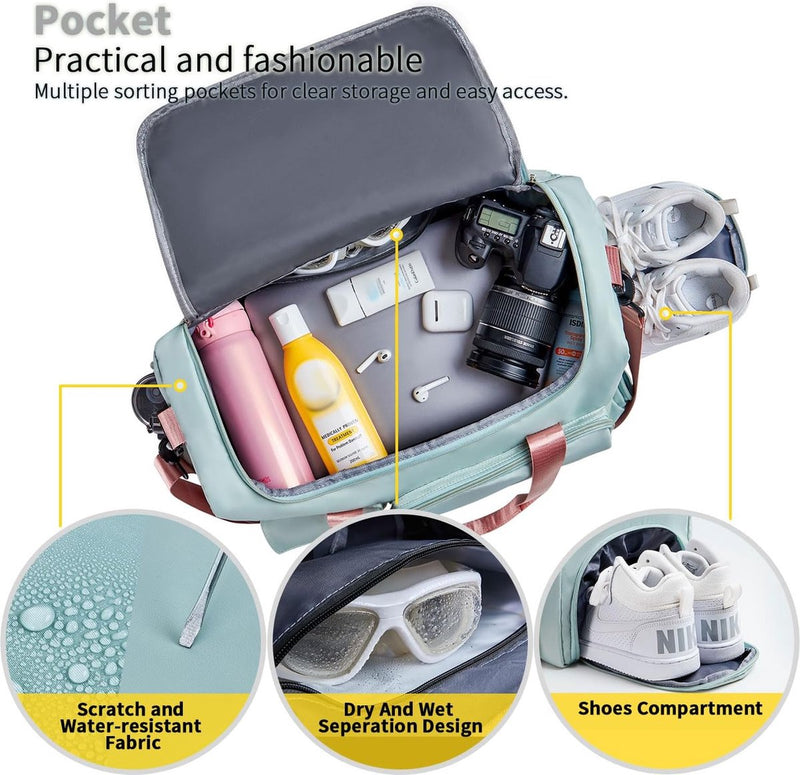 35L sporttas voor dames, opvouwbare reistas met schoenenvak en natvak, waterafstotende weekendtas, gymreistas, handbagage, trainingstas voor dames, heren, groen en roze