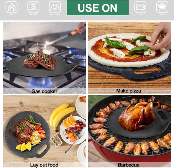 Gietijzeren pan, pizzapan met lusgreep, bakplaat, bakpan, gietijzeren pan voor kookplaat, oven, BBQ, diameter 26 cm, pizzabakoven met 7 delen accessoires