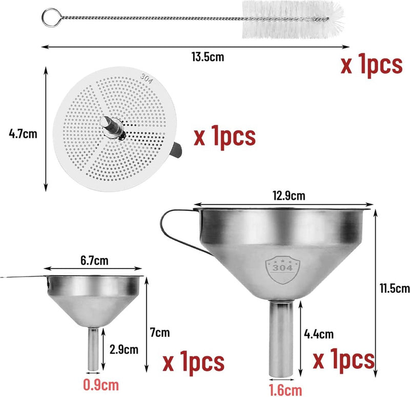 Trechterset voor levensmiddelen, 2 stuks trechter roestvrij staal 304 (klein, groot) en filter, 5 inch keukentrechter met afneembare zeef en buisborstel
