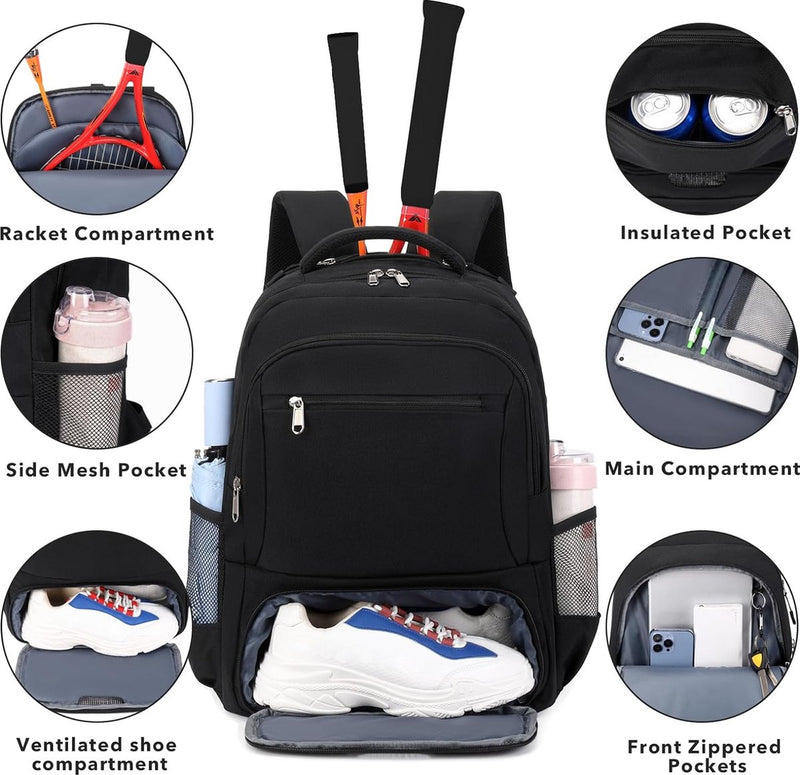 Tennisrugzak, tennistas voor heren en dames, tennistas voor 2 rackets, badmintonsquash, pickleball paddle-ballen