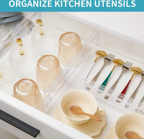 Kunststof ladeverdeler, verstelbaar, set van 8 (30,99 - 55,12 cm), transparante ladeverdeler, lade-organizer voor keukenopslag, slaapkamer, commode, met dubbelzijdig plakband