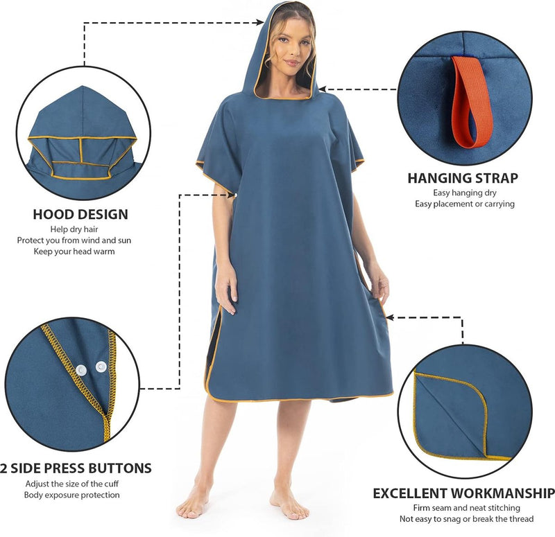 Surf poncho voor dames heren volwassenen jongeren, ultralicht en sneldrogend, badponcho handdoek, van microvezel, ook als omkleedhulp strand (donkerblauw)