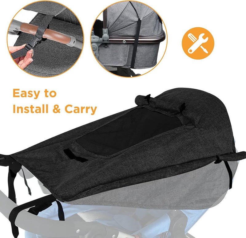 Luifel kinderwagen met uv-bescherming 50+ en waterdicht, dubbellaags stof met kijkvenster en extra brede schaduwvleugels, zwart