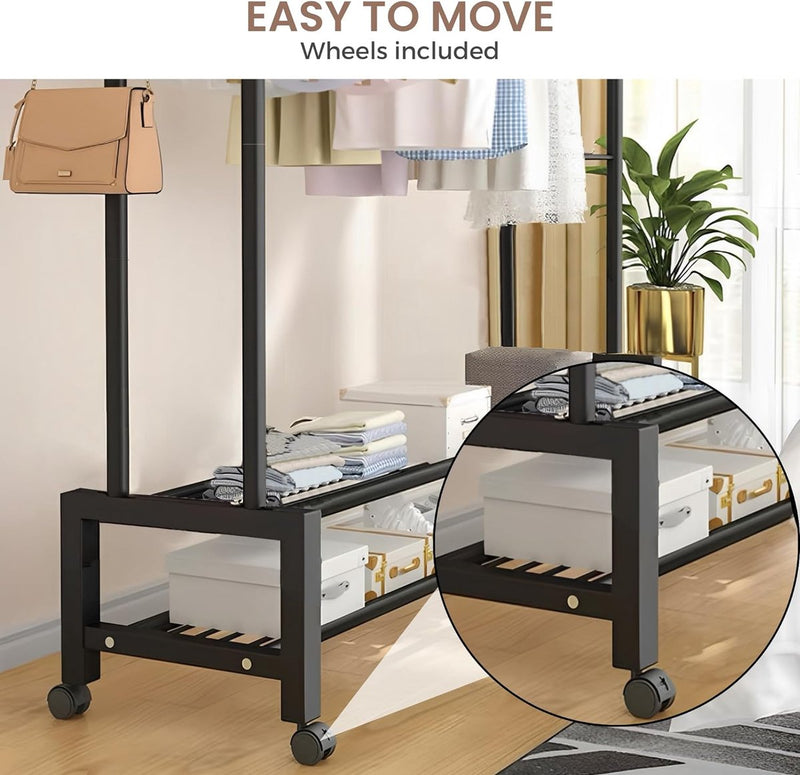 Kledingroede met 2 bovenstangen, 2 onderplanken en 4 kapstokhaken. Dubbele kapstok voor thuis, slaapkamer, woonkamer