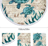 Ronde strandhanddoek, microvezel strandhanddoek XXL, zeeschildpad badhanddoek, groot 150 cm, voor stranddeken, yogamat, handdoeken met kwastjes, (blauw-schildpad 1)