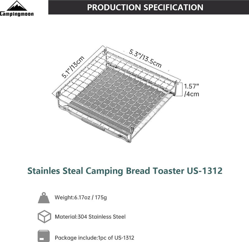 Campingmoon Camping Broodrooster voor Gasfornuis 304 Roestvrij Staal Broodrooster Mini Camping Grill Rack US-1312