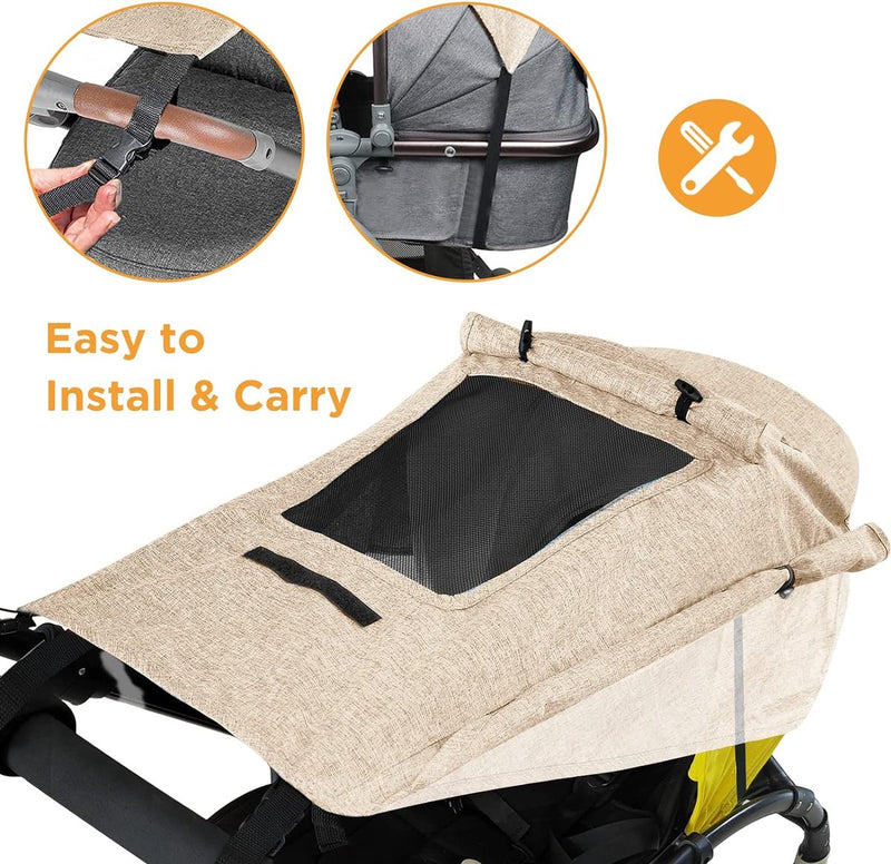 Luifel kinderwagen met uv-bescherming 50+ en waterdicht, dubbellaags stof met kijkvenster en extra brede schaduwvleugels, kaki