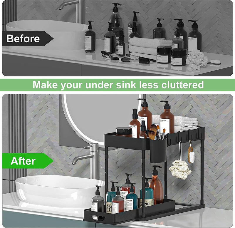 Plank voor onder de gootsteen Uittrekbare kastorganizer onder 2 lagen met 4 haken en 1 hangende bekerlift met voor keukens