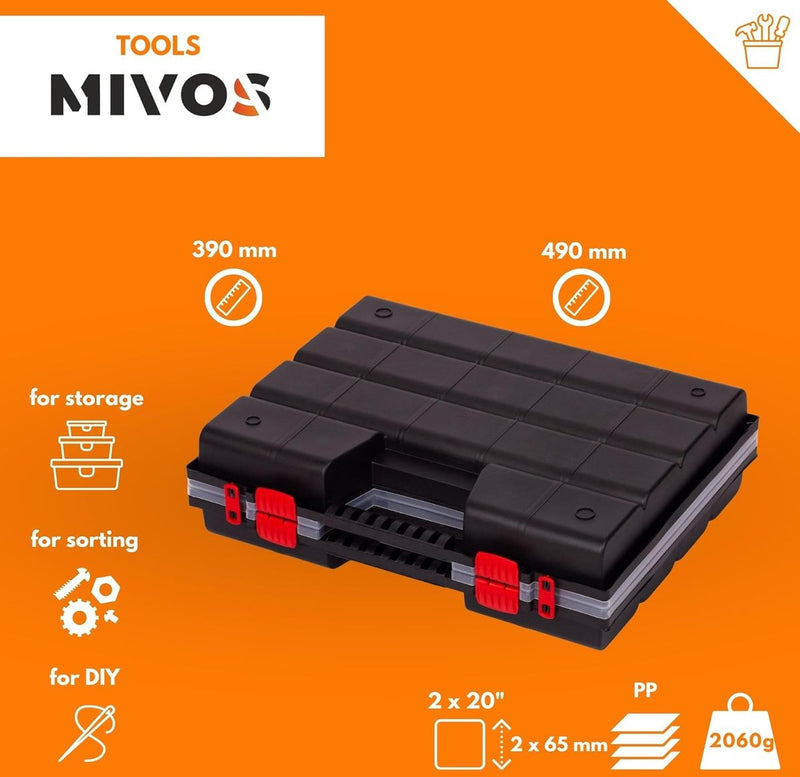 Dubbelzijdige assortimentsbox 20 inch met verstelbare vakken / 2-zijdige sorteerbox / opbergbox 490 x 390 x 130 mm / stevige gereedschapskist voor werkplaats