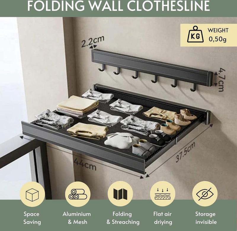 Wandgemonteerde waslijn, opvouwbare waslijn met intrekbaar droogrek voor terras, slaapkamer, keuken, compact aluminium. 44x4,7x2,2cm