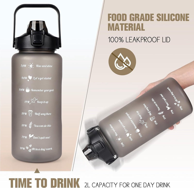 Drinkfles van 2 liter, BPA-vrije sportdrankkan met tijdmarkering en slotdeksel, 2000 ml, lekvrije motiverende waterfles met rietje, draagbaar handvat, roze drinkfles