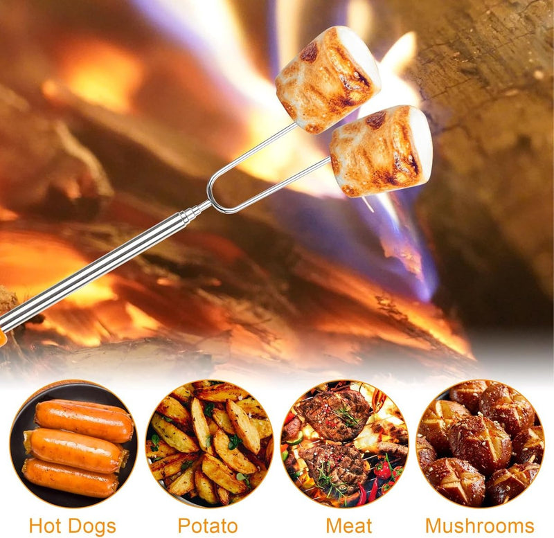 Barbecuespiesjes van roestvrij staal 8 stuks Barbecuevorken Uitschuifbaar roestvrij staal met houten handvat Telescopische marshmallow-kebabspiesjes Barbecuebestek BBQ-stick Broodspiesjes voor