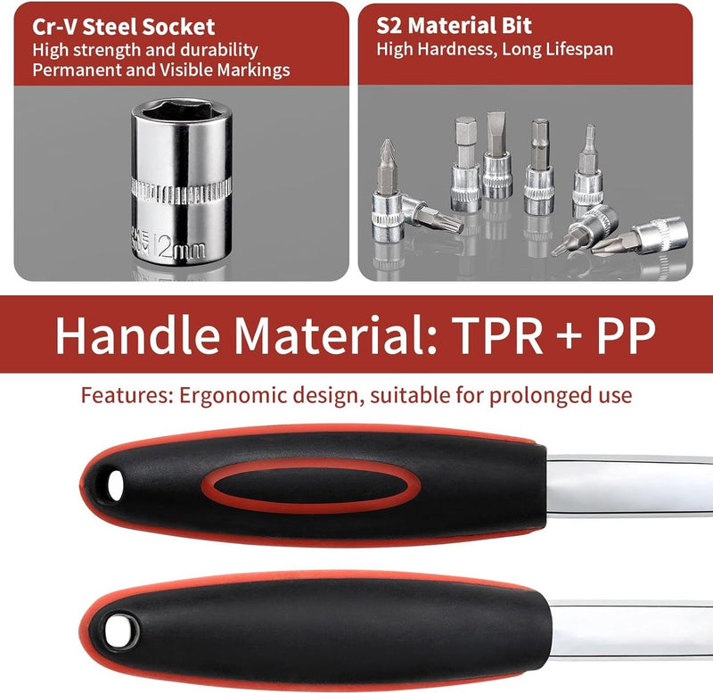 Cr-V 46-delige set platte moersleutelset met ratel en dopsleutel Ratelsleutel 1/4 inch 72 tanden ratelsleutel met gereedschapskist Mechanisch gereedschap verchroomd