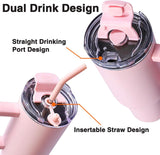 1200 ml koffiebeker om mee te nemen, dubbelwandige, roestvrijstalen vacuüm-isolatiebeker met handvat en rietje, autobeker, thermobeker, koffiebeker voor warme en koude dranken, zwart