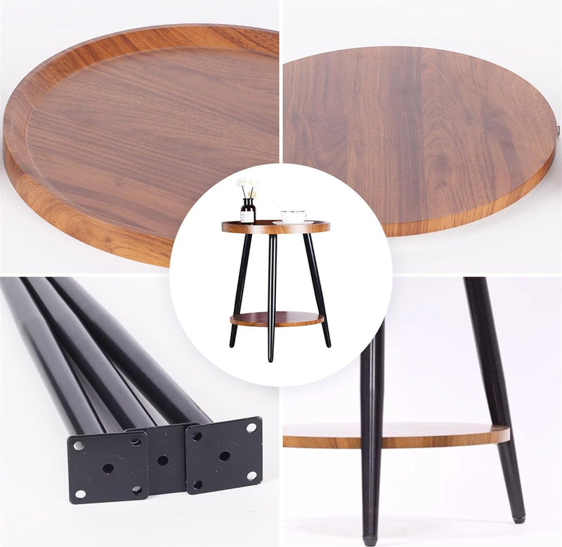 Bijzettafel met 2 planken, ronde salontafel met opbergruimte, 2-laags walnootkleurige MDF-banktafel met ronde planken, nachtkastje, houten tafel met stalen frame, 40 x 48cm (walnoot)