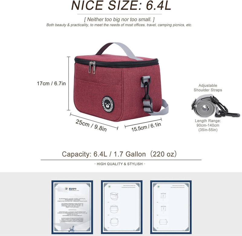 Koeltas 6,4 L, verdikte lunchtas Geïsoleerde koeltas Kleine lunchtas Lunchtas Koeltas Lunchbox Tas Draagbare lunchtas Werk Student Kantoor Picknick (Rood - 6,4 L)