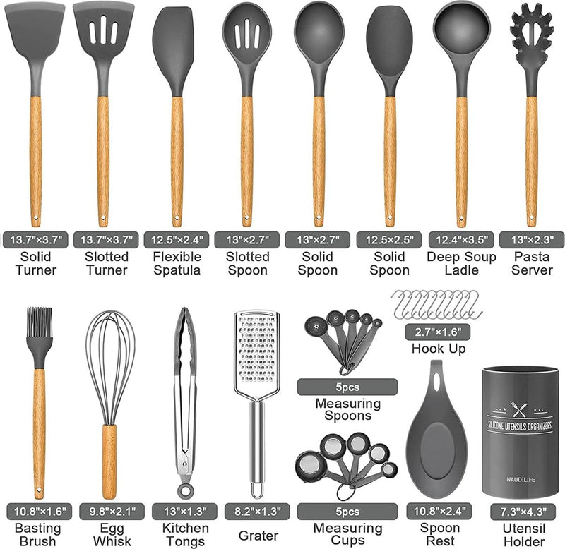 Keukenhulpset, 34 stuks siliconen kookgerei, spatelset met houder en houten handgrepen, antiaanbaklaag, beste keukenhulp, rasp voor kookgerei (grijs)