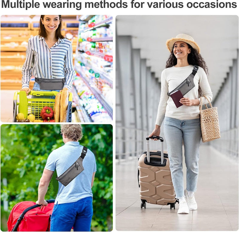 Heuptas voor dames en heren, platte heuptas, voor reizen, sport, RFID-bescherming, waterdicht, joggen, fietsen, reizen, hardlopen, grijs, een grotere opbergruimte aan te bieden