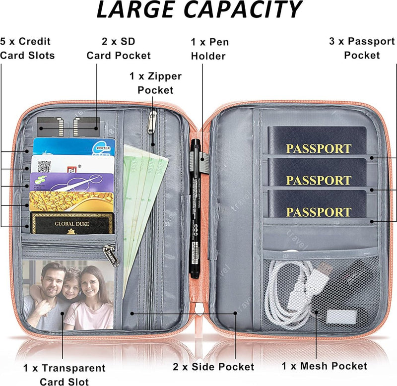 Paspoorttas Paspoorthoes Familiereisportemonnee Waterdichte reisorganisator voor opslag Creditcards ID Instapkaarten Tickets, roze, Klassiek
