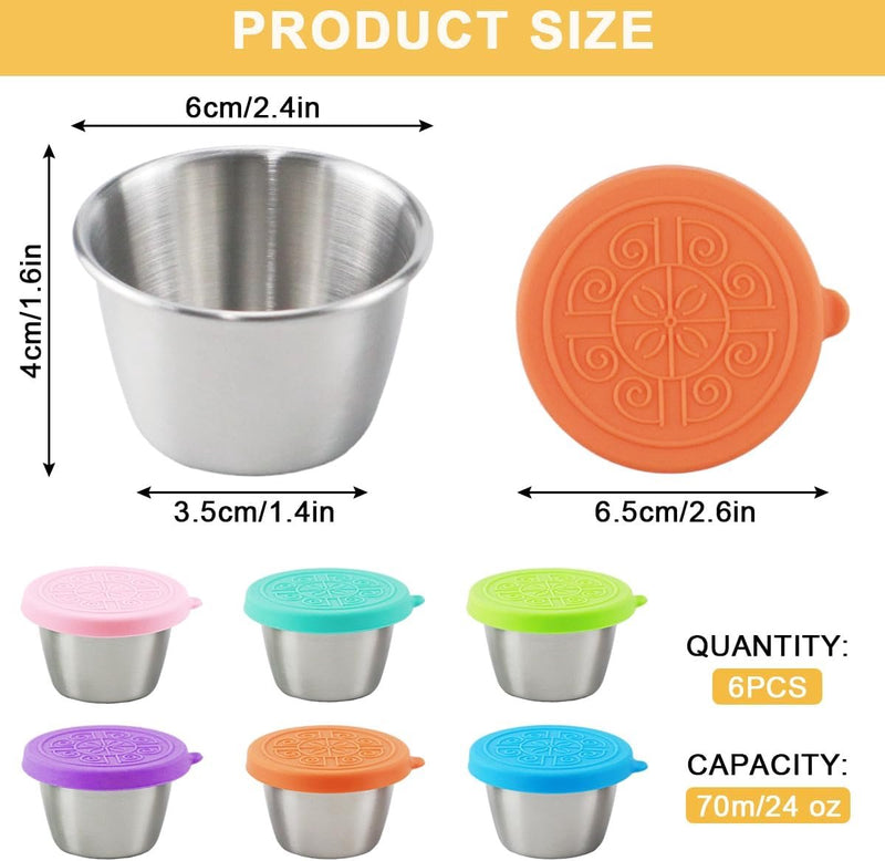 Saladecontainer, 6 x 70 ml kleine roestvrijstalen kruidencontainer, voedselopslagcontainers met deksel, dressingcontainer, herbruikbare mini-sauscontainer, snackdoos, voedselcontainerset
