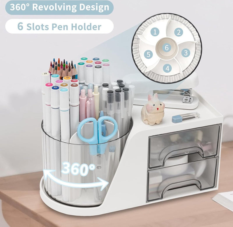 2 Lade Roterende Bureau-organizer Penhouder Bureau-organizer en opslag met 4 compartimenten + Lade voor kantoor, thuis en kunstbenodigdheden
