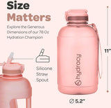 Waterfles met hoes met zakken - 2,3 L waterfles met rietje en handvat - BPA-vrije waterfles met tijdmarkering - Fles lekvrij - Sport- en buitenwaterfles